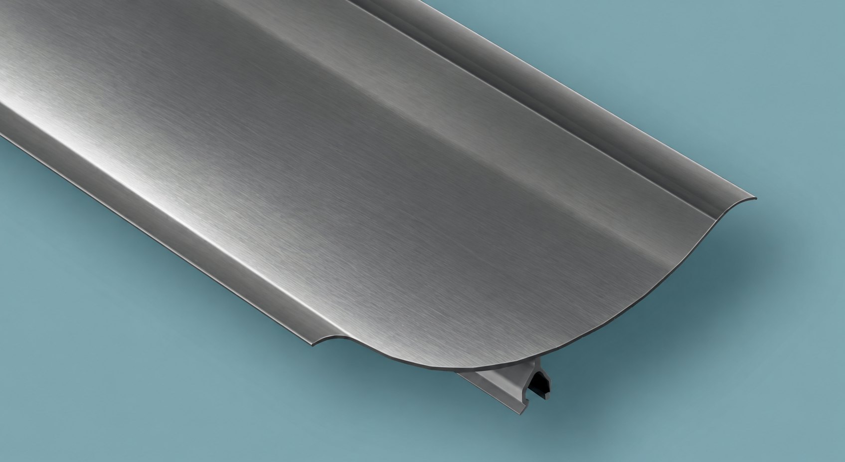 Rendering of a length of CoRound Basic PVC cove profile in Stainless Steel Gray 9023 on a plain background, seen from its cut end